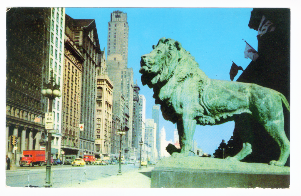 Vintage Original Chicago Art Institute Lions Post Card Water Slide Decal 1940s 